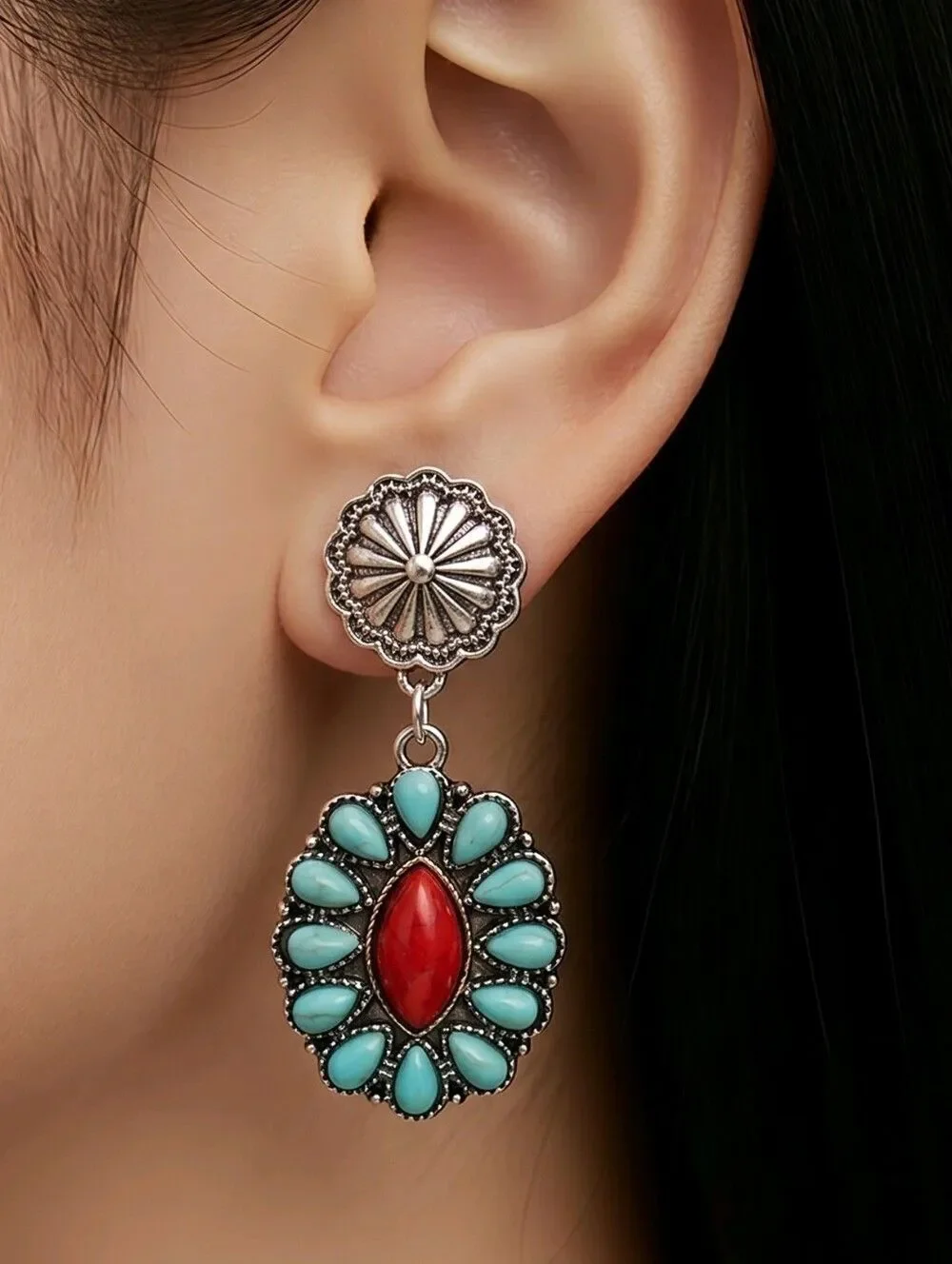 Turquoise Flower Earrings Western Cowgirl Dangle Jewelry Boho Squash Blossom
